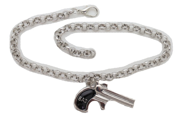 Brand New Women Silver Metal Chain Boot Bracelet Shoe Black Bad Gun Revolver Charm Western
