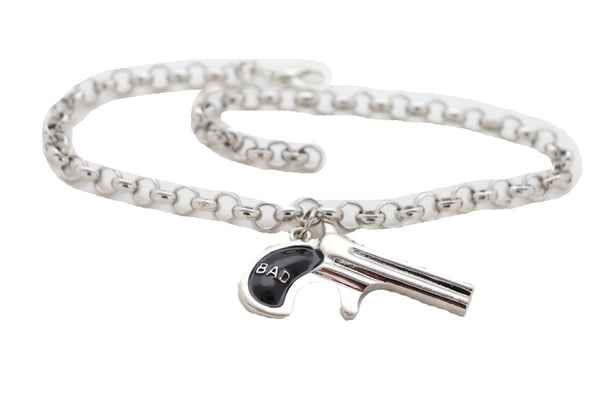 Brand New Women Silver Metal Chain Boot Bracelet Shoe Black Bad Gun Revolver Charm Western
