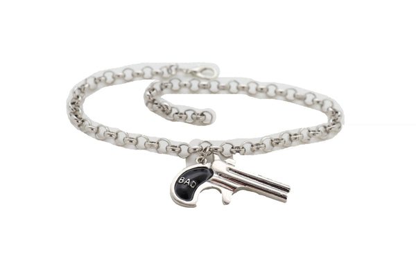 Brand New Women Silver Metal Chain Boot Bracelet Shoe Black Bad Gun Revolver Charm Western