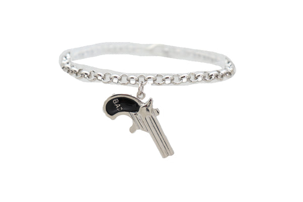 Brand New Women Silver Metal Chain Boot Bracelet Shoe Black Bad Gun Revolver Charm Western