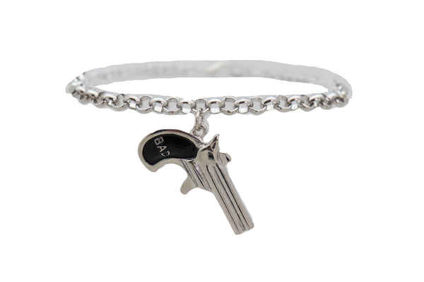 Brand New Women Silver Metal Chain Boot Bracelet Shoe Black Bad Gun Revolver Charm Western