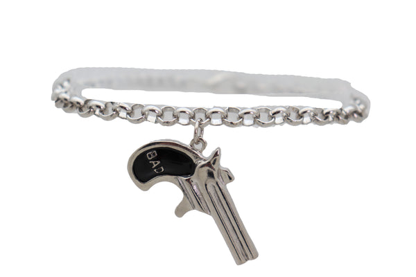 Women Silver Metal Chain Boot Bracelet Shoe Black Bad Gun Revolver Charm Western Street Jewelry