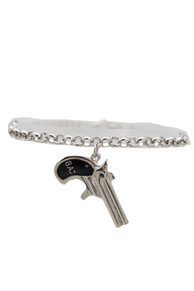 Brand New Women Silver Metal Chain Boot Bracelet Shoe Black Bad Gun Revolver Charm Western