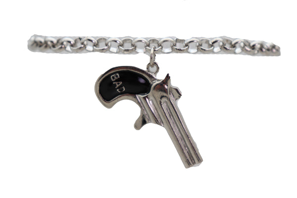 Brand New Women Silver Metal Chain Boot Bracelet Shoe Black Bad Gun Revolver Charm Western