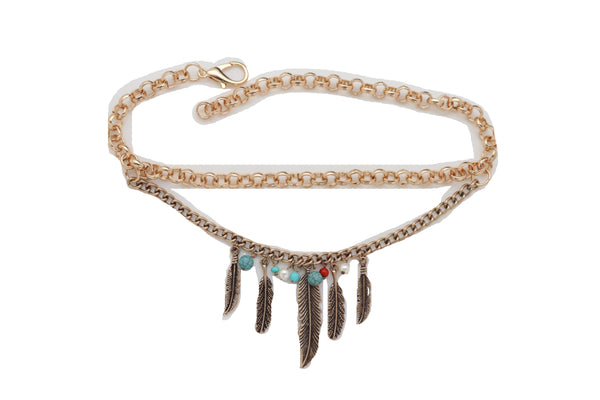 Women Antique Gold Boot Chain Bracelet Western Shoe Charm Ethnic Jewelry Feather Bohemian Style