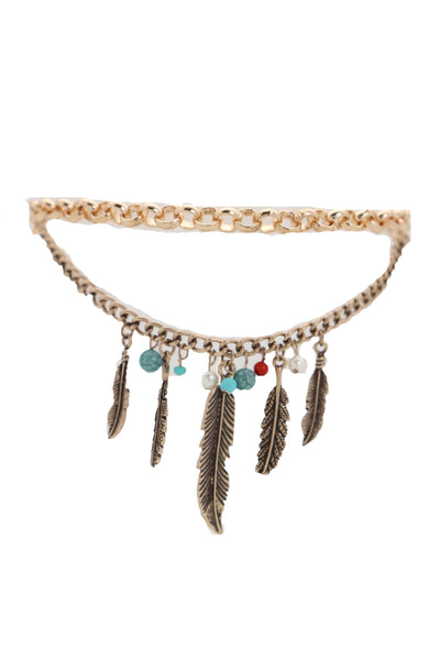 Brand New Women Antique Gold Boot Chain Bracelet Western Shoe Charm Ethnic Jewelry Feather