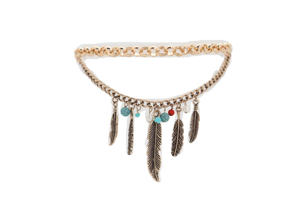 Brand New Women Antique Gold Boot Chain Bracelet Western Shoe Charm Ethnic Jewelry Feather