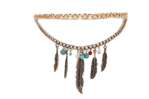 Brand New Women Antique Gold Boot Chain Bracelet Western Shoe Charm Ethnic Jewelry Feather