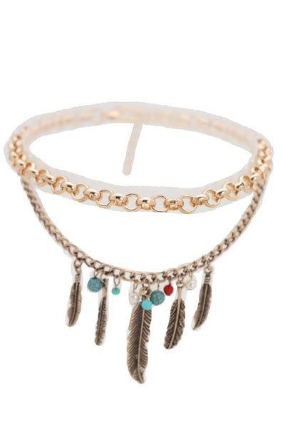 Women Antique Gold Boot Chain Bracelet Western Shoe Charm Ethnic Jewelry Feather Bohemian Style