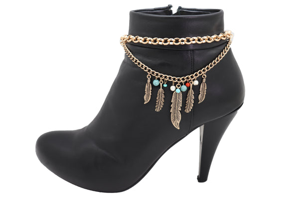 Brand New Women Antique Gold Boot Chain Bracelet Western Shoe Charm Ethnic Jewelry Feather