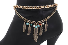 Antique Gold Boot Chain Bracelet Western Shoe Charm Ethnic Jewelry Feather