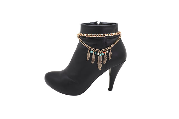Women Antique Gold Boot Chain Bracelet Western Shoe Charm Ethnic Jewelry Feather Bohemian Style