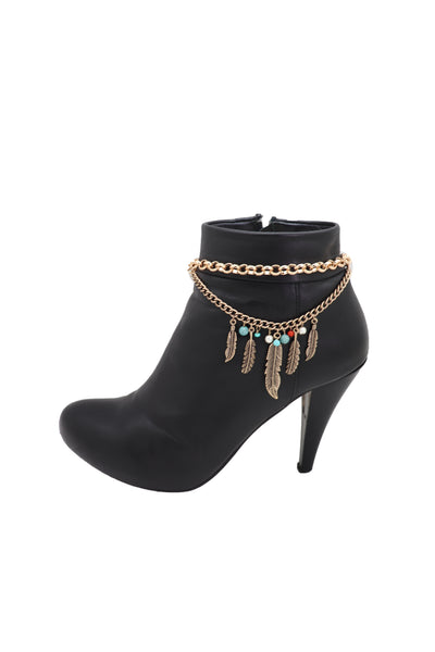 Women Antique Gold Boot Chain Bracelet Western Shoe Charm Ethnic Jewelry Feather Bohemian Style