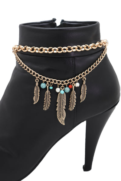 Brand New Women Antique Gold Boot Chain Bracelet Western Shoe Charm Ethnic Jewelry Feather