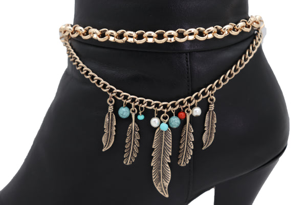 Brand New Women Antique Gold Boot Chain Bracelet Western Shoe Charm Ethnic Jewelry Feather