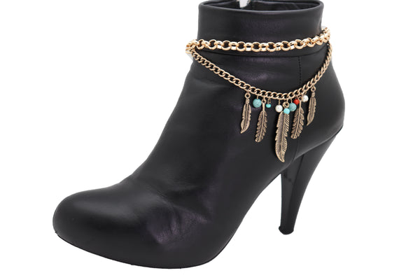 Women Antique Gold Boot Chain Bracelet Western Shoe Charm Ethnic Jewelry Feather Bohemian Style