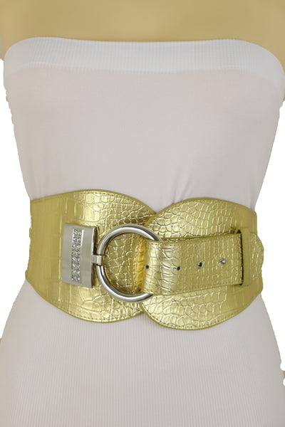 Women Silver Metal Hook Buckle Gold Faux Leather Waist Hip Elastic Wide Corset Belt Size S M