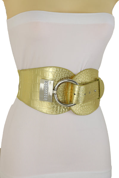 Women Silver Metal Hook Buckle Gold Faux Leather Waist Hip Elastic Wide Corset Belt Size S M