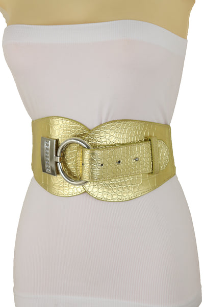 Women Silver Metal Hook Buckle Gold Faux Leather Waist Hip Elastic Wide Corset Belt Size S M