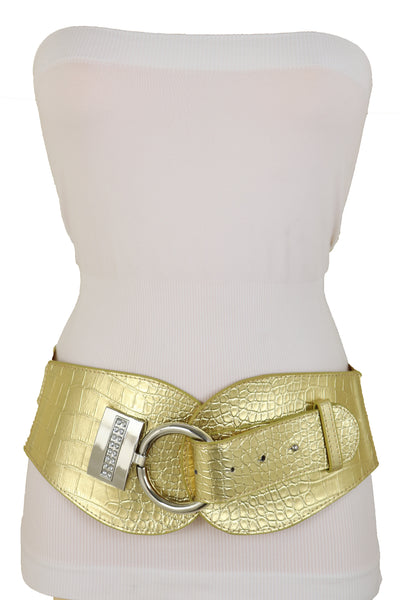 Women Silver Metal Hook Buckle Gold Faux Leather Waist Hip Elastic Wide Corset Belt Size S M