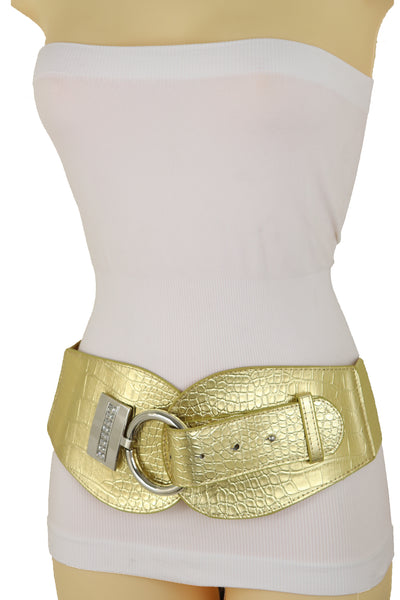Brand New Women Silver Metal Hook Buckle Gold Faux Leather Waist Hip Elastic Belt Size S M
