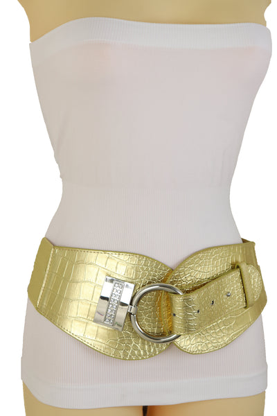 Women Silver Metal Hook Buckle Gold Faux Leather Waist Hip Elastic Wide Corset Belt Size S M