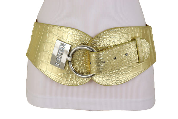 Women Silver Metal Hook Buckle Gold Faux Leather Waist Hip Elastic Wide Corset Belt Size S M