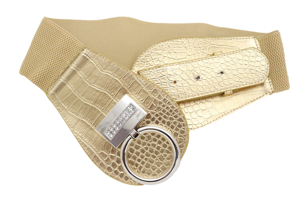 Women Silver Metal Hook Buckle Gold Faux Leather Waist Hip Elastic Wide Corset Belt Size S M