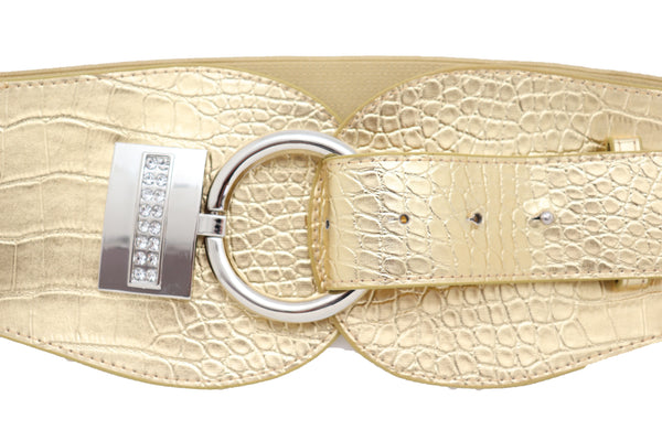 Women Silver Metal Hook Buckle Gold Faux Leather Waist Hip Elastic Wide Corset Belt Size S M