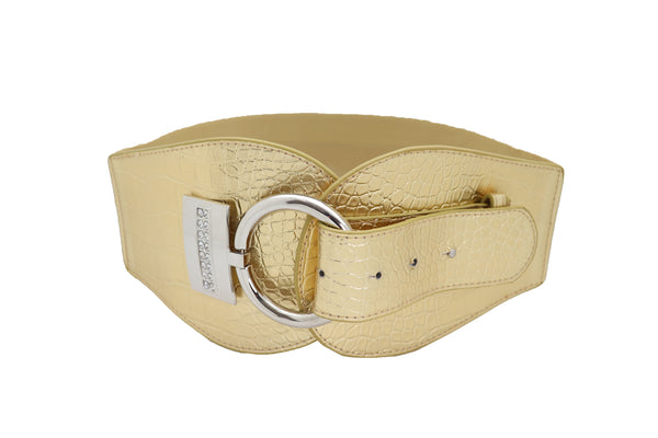 Women Silver Metal Hook Buckle Gold Faux Leather Waist Hip Elastic Wide Corset Belt Size S M