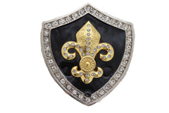 Rhinestone Outlined Shield Fleur de Lis Emblem Belt Buckle