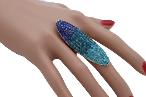 Gold Or Silver Metal Multi Rhinestone Long Leave Knuckle Adjustable Ring Women Fashion Accessories