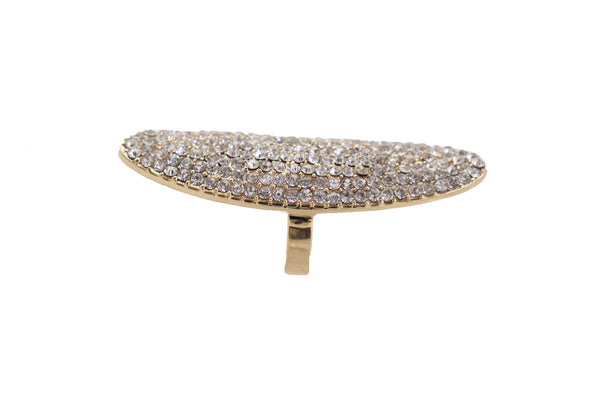 Brand New Women Fashion Ring Long Gold Metal Oval Shape Silver Bling Rhinestones Size 8