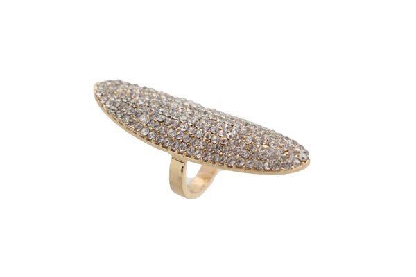 Women Fashion Ring Long Gold Metal Oval Shape Silver Bling Rhinestones Fits Size 8 Finger