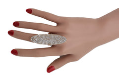 Fashion Ring Long Gold Metal Oval Shape Silver Bling Rhinestones Size 8