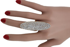Fashion Ring Long Gold Metal Oval Shape Silver Bling Rhinestones Size 8