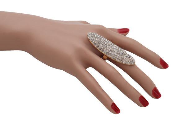 Women Fashion Ring Long Gold Metal Oval Shape Silver Bling Rhinestones Fits Size 8 Finger