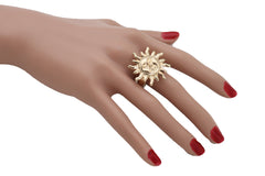 New Jewelry Ring Gold Metal Smiling Sun Rise One Size Elastic Band Elegant Bling Look