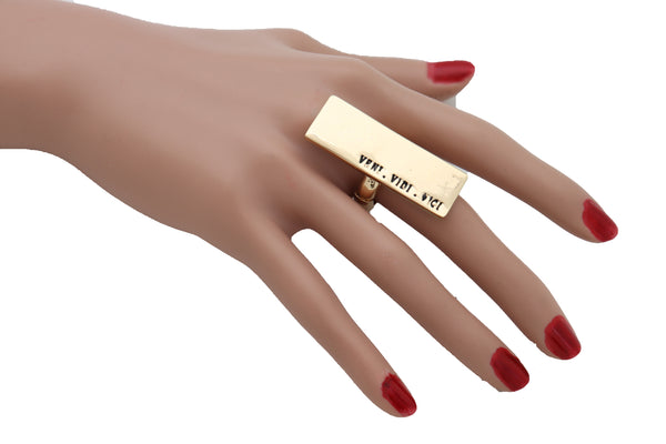 Brand New Women Ring Gold Metal VENI VIDI VICI Fashion Jewelry Elastic Band Rectangle Fun