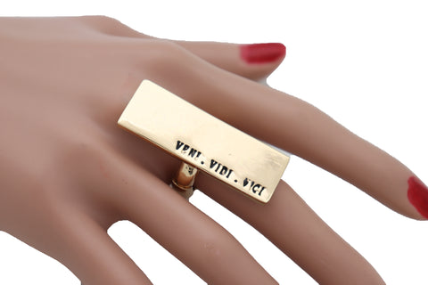 Women Ring Gold Metal VENI VIDI VICI Fashion Jewelry Elastic Band Rectangle One Size Fits All