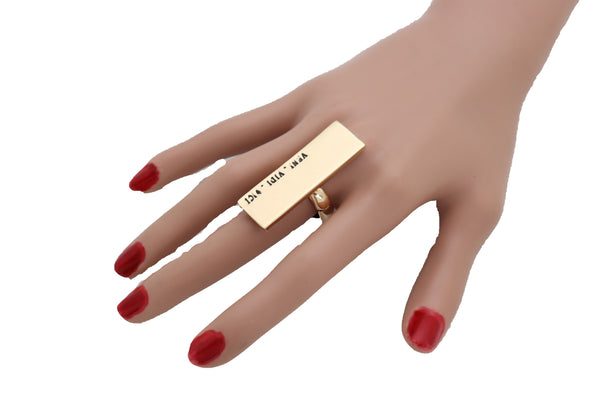 Brand New Women Ring Gold Metal VENI VIDI VICI Fashion Jewelry Elastic Band Rectangle Fun