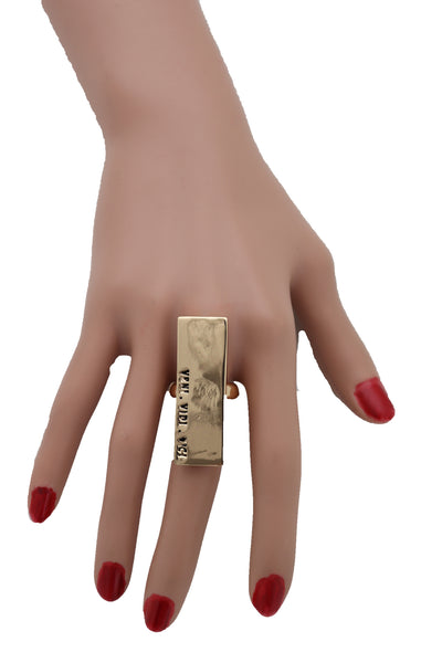 Women Ring Gold Metal VENI VIDI VICI Fashion Jewelry Elastic Band Rectangle One Size Fits All
