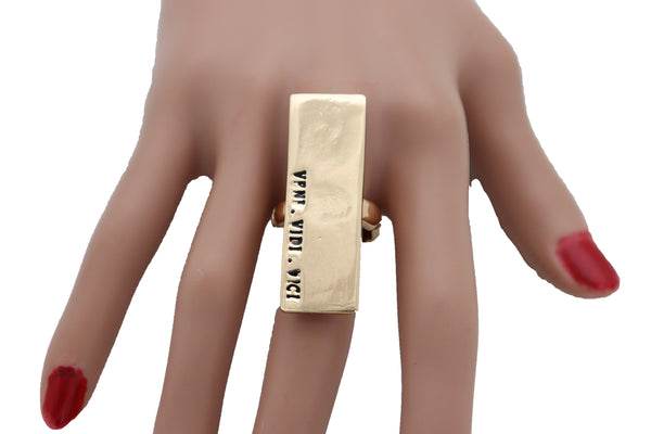 Brand New Women Ring Gold Metal VENI VIDI VICI Fashion Jewelry Elastic Band Rectangle Fun