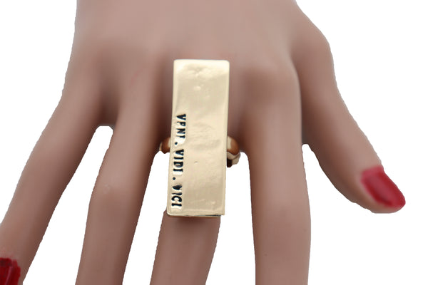 Brand New Women Ring Gold Metal VENI VIDI VICI Fashion Jewelry Elastic Band Rectangle Fun