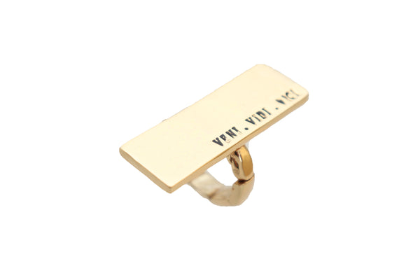 Brand New Women Ring Gold Metal VENI VIDI VICI Fashion Jewelry Elastic Band Rectangle Fun
