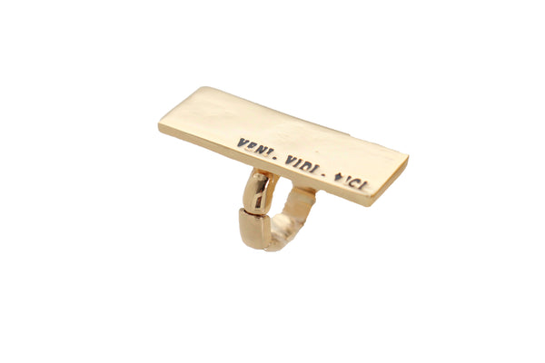 Brand New Women Ring Gold Metal VENI VIDI VICI Fashion Jewelry Elastic Band Rectangle Fun