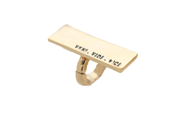 Brand New Women Ring Gold Metal VENI VIDI VICI Fashion Jewelry Elastic Band Rectangle Fun
