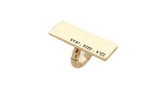Brand New Women Ring Gold Metal VENI VIDI VICI Fashion Jewelry Elastic Band Rectangle Fun