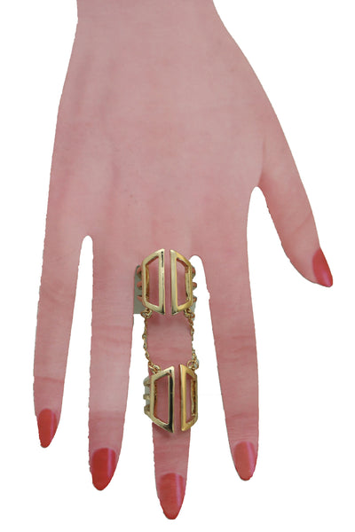 Women Gold Cuff Ring Metal Long Finger Double Fashion Jewelry Adjustable Band Up to Size 9