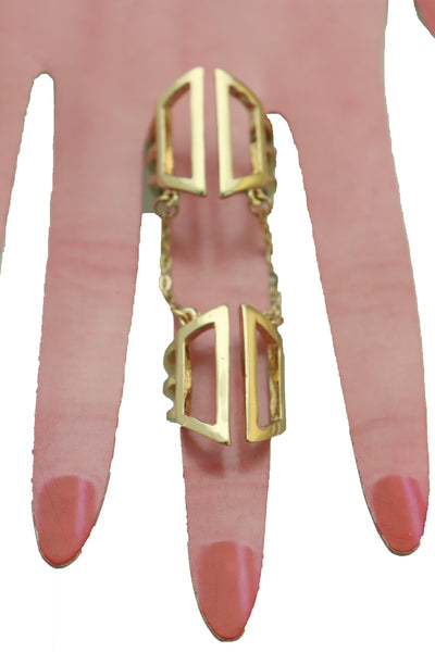 Women Gold Cuff Ring Metal Long Finger Double Fashion Jewelry Adjustable Band Up to Size 9
